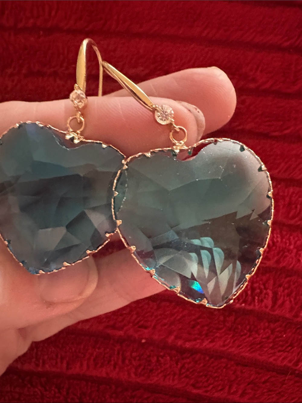 Gold Heart Drop Earrings with Teal Crystal - Picture 2 of 3